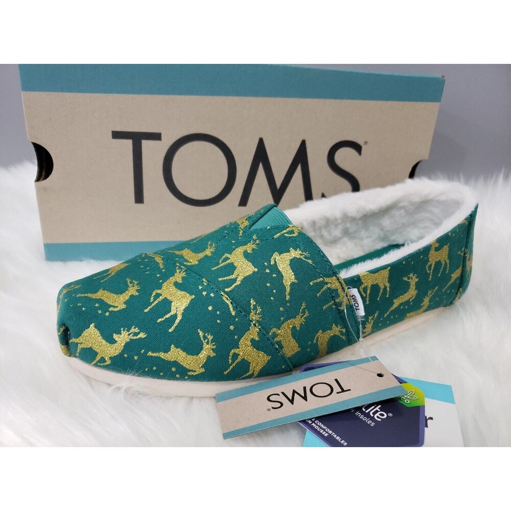 NEW Tom's Alpargata Christmas Reindeer Glitter Slip On Womens Shoes Sz‎ 7 Green